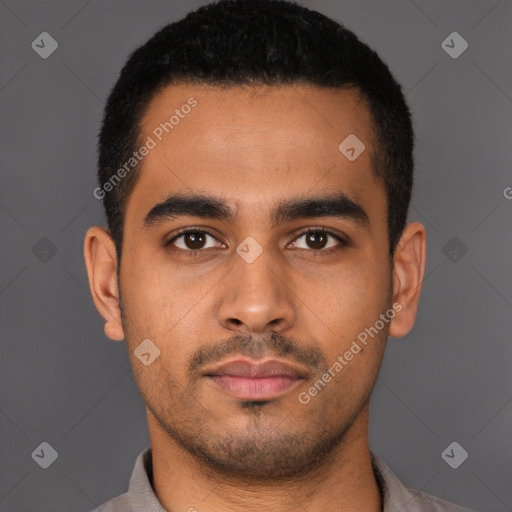 Neutral latino young-adult male with short  black hair and brown eyes