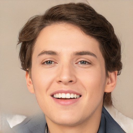 Joyful white young-adult male with medium  brown hair and brown eyes