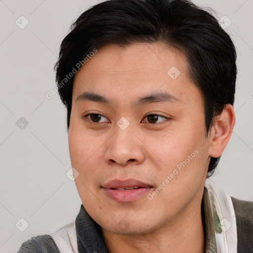 Joyful white young-adult male with medium  brown hair and brown eyes