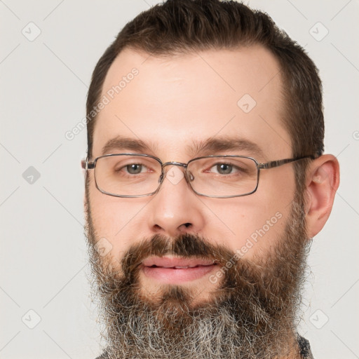 Neutral white adult male with short  brown hair and brown eyes