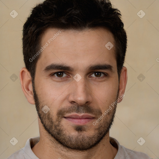 Neutral white young-adult male with short  brown hair and brown eyes