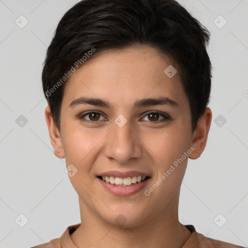 Joyful white young-adult female with short  brown hair and brown eyes