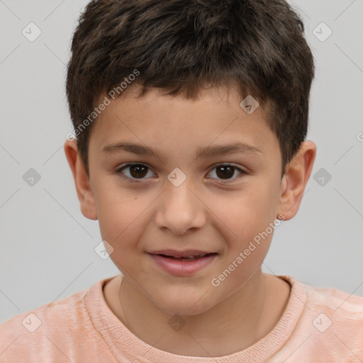 Joyful white child male with short  brown hair and brown eyes