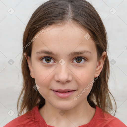 Joyful white child female with medium  brown hair and brown eyes