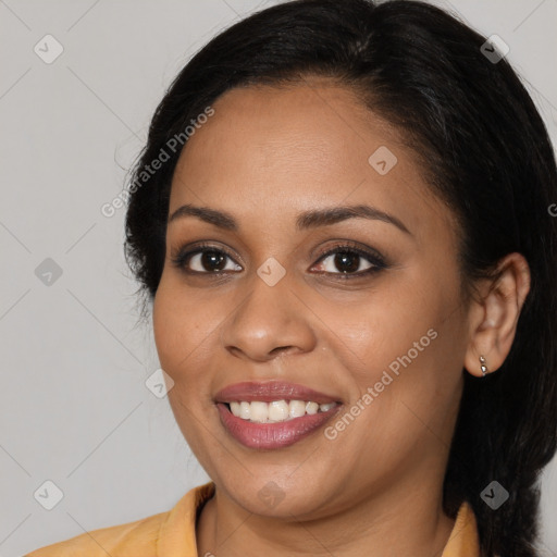 Joyful white young-adult female with long  brown hair and brown eyes