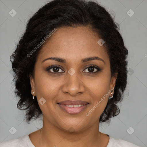 Joyful black young-adult female with medium  brown hair and brown eyes