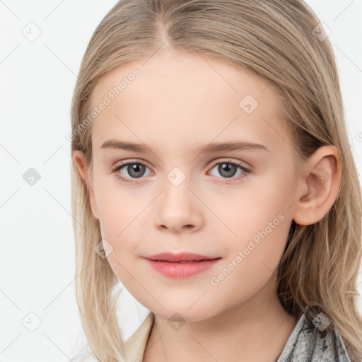 Joyful white child female with long  brown hair and blue eyes