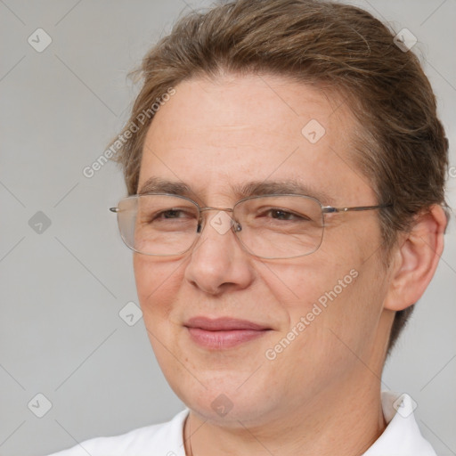 Joyful white adult female with short  brown hair and brown eyes