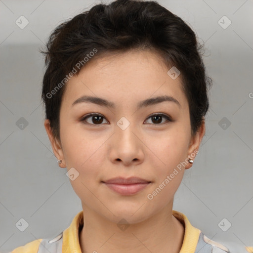 Neutral asian young-adult female with short  brown hair and brown eyes