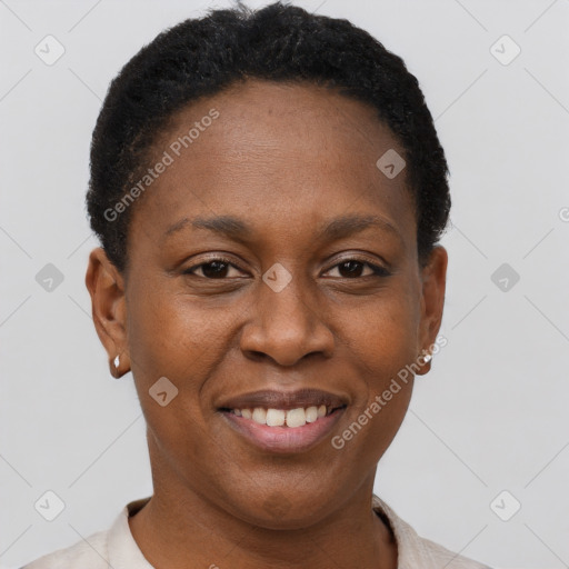 Joyful black young-adult female with short  brown hair and brown eyes