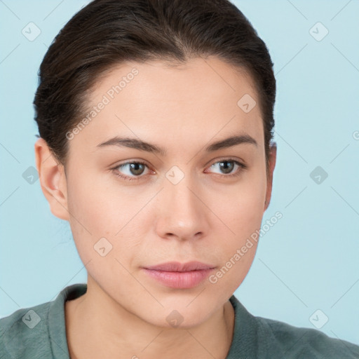 Neutral white young-adult female with short  brown hair and brown eyes