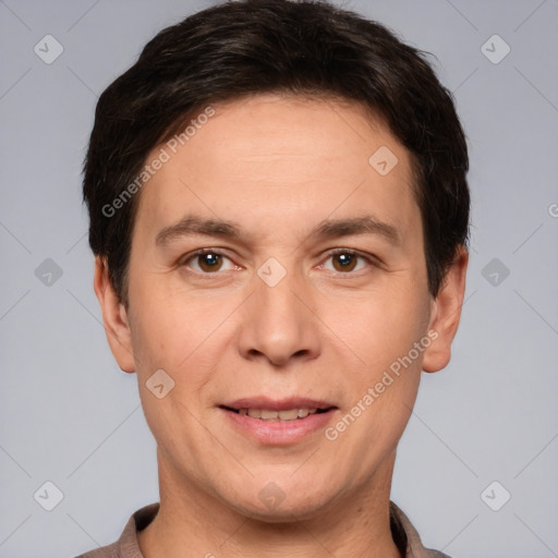 Joyful white adult male with short  brown hair and brown eyes