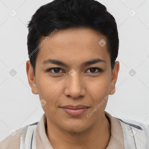 Joyful latino young-adult male with short  black hair and brown eyes