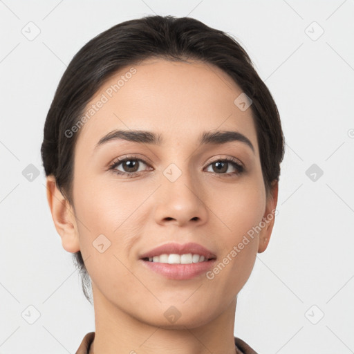 Joyful white young-adult female with short  black hair and brown eyes