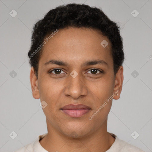 Joyful latino young-adult male with short  brown hair and brown eyes