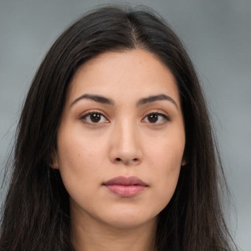Neutral asian young-adult female with long  brown hair and brown eyes