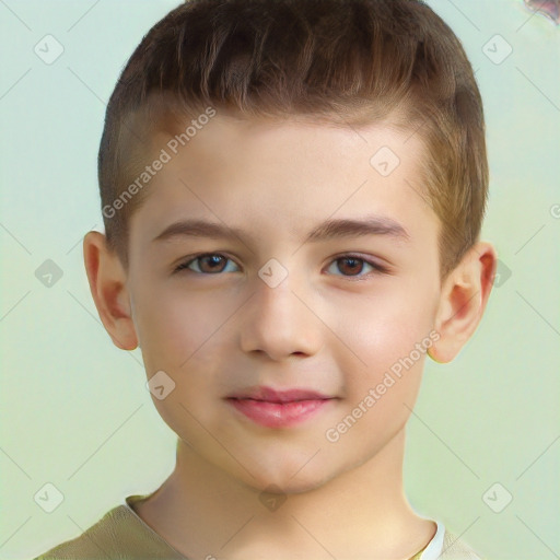 Joyful white child male with short  brown hair and brown eyes