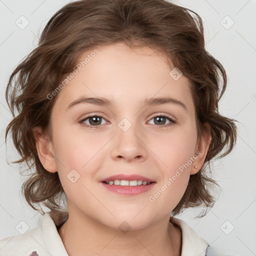 Joyful white child female with medium  brown hair and brown eyes