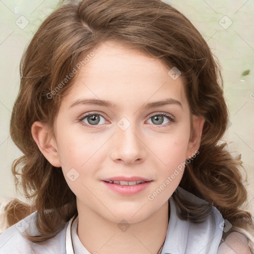 Joyful white child female with medium  brown hair and blue eyes