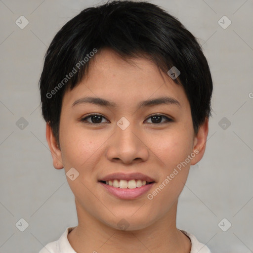 Joyful asian young-adult female with short  brown hair and brown eyes