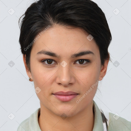 Joyful asian young-adult female with medium  brown hair and brown eyes