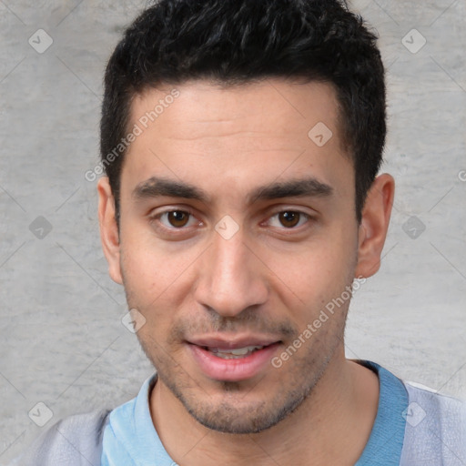 Joyful white young-adult male with short  black hair and brown eyes