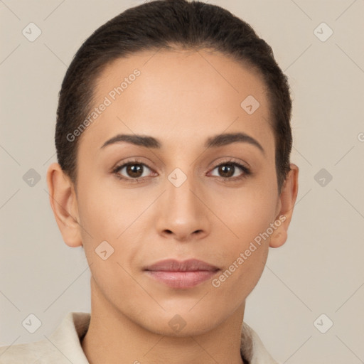 Joyful latino young-adult female with short  brown hair and brown eyes