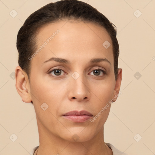 Neutral white young-adult female with short  brown hair and brown eyes