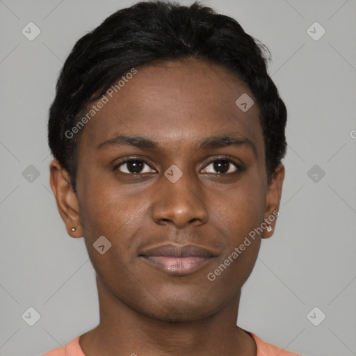 Neutral black young-adult male with short  brown hair and brown eyes