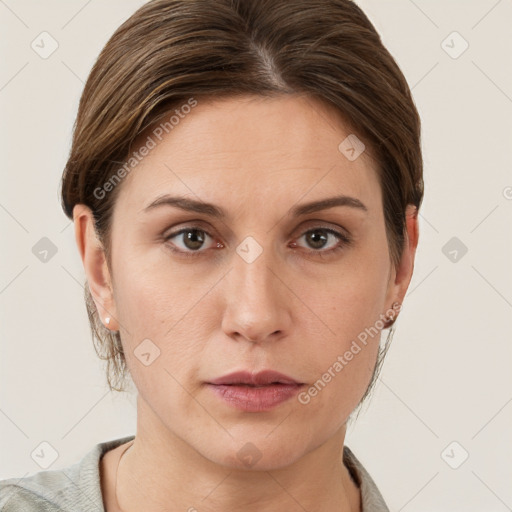 Neutral white young-adult female with short  brown hair and grey eyes