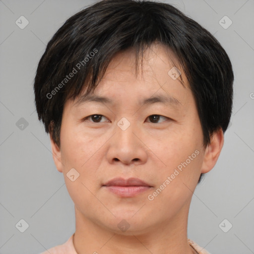 Neutral asian adult male with short  brown hair and brown eyes