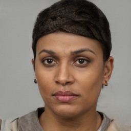 Neutral black young-adult female with short  black hair and brown eyes