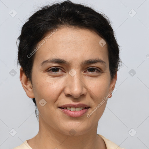 Joyful white adult female with short  brown hair and brown eyes