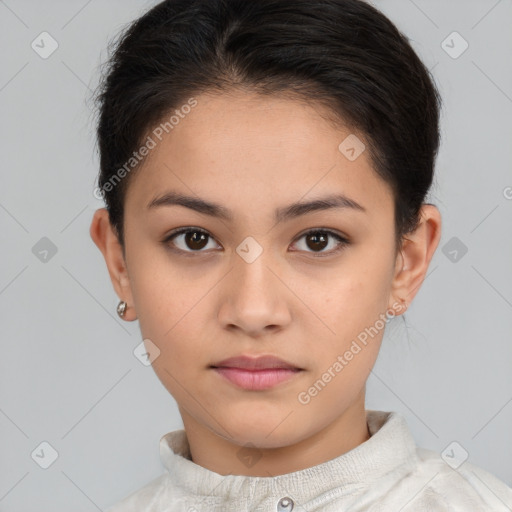 Neutral white young-adult female with short  brown hair and brown eyes