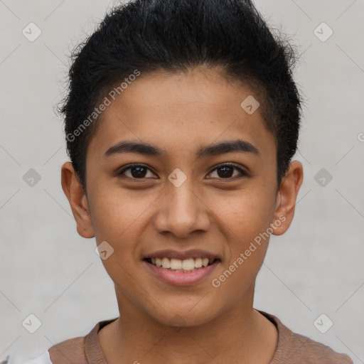 Joyful latino young-adult female with short  brown hair and brown eyes