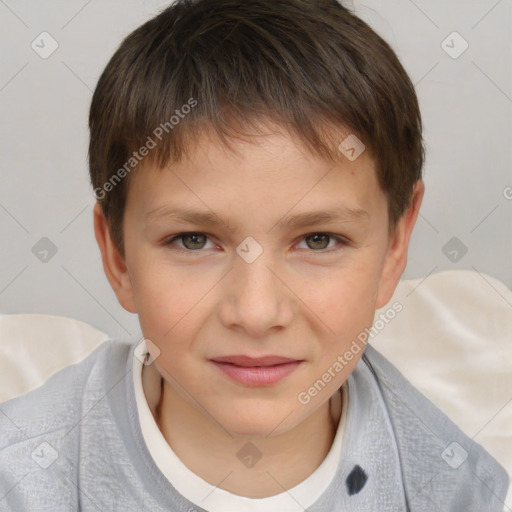 Joyful white child female with short  brown hair and brown eyes