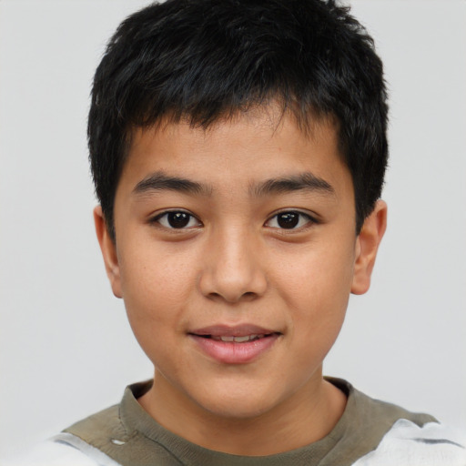 Joyful asian child male with short  brown hair and brown eyes