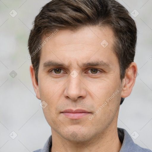 Neutral white adult male with short  brown hair and brown eyes