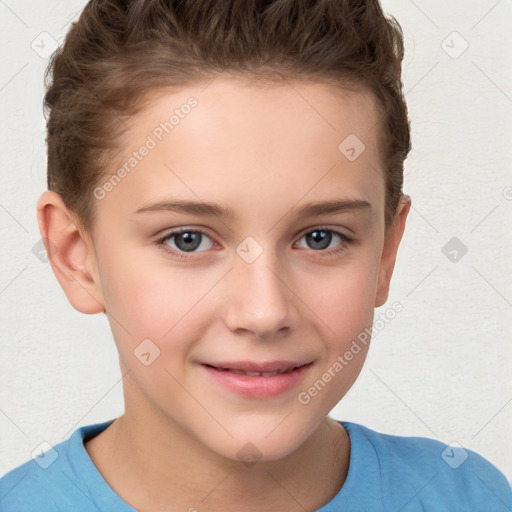 Joyful white child female with short  brown hair and brown eyes