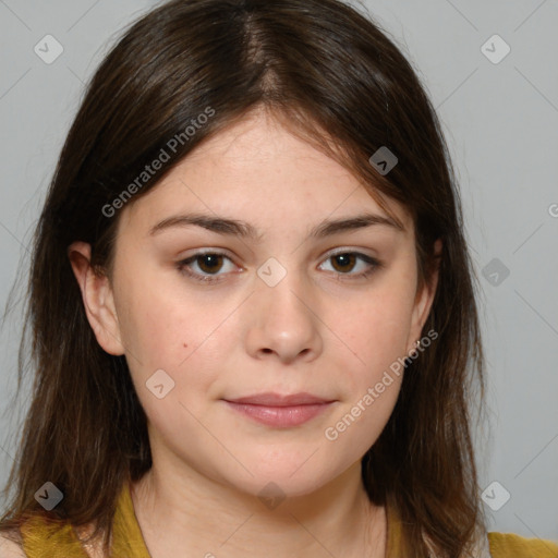 Neutral white young-adult female with medium  brown hair and brown eyes