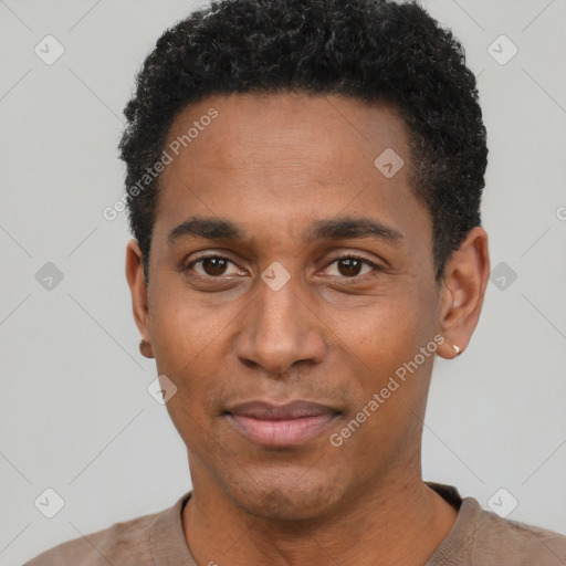 Neutral black young-adult male with short  black hair and brown eyes