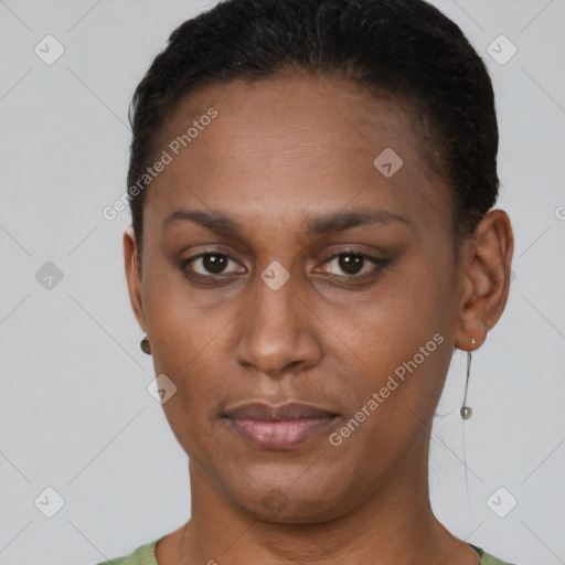 Neutral black young-adult female with short  brown hair and brown eyes