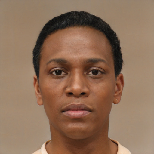 Neutral black young-adult female with short  black hair and brown eyes