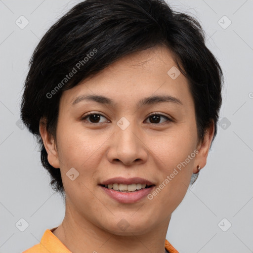 Joyful asian young-adult female with short  brown hair and brown eyes