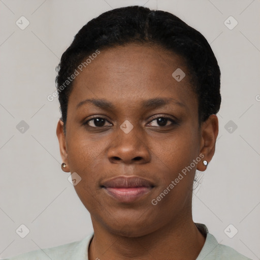 Neutral black young-adult female with short  black hair and brown eyes