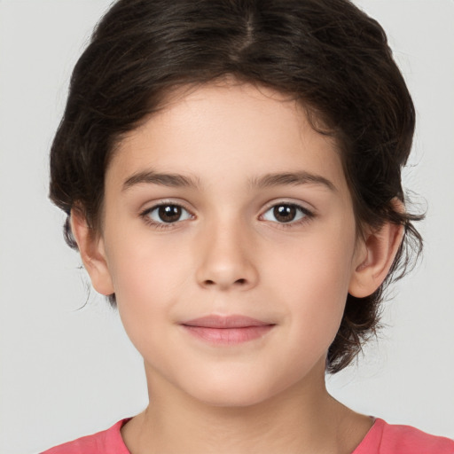 Joyful white child female with medium  brown hair and brown eyes