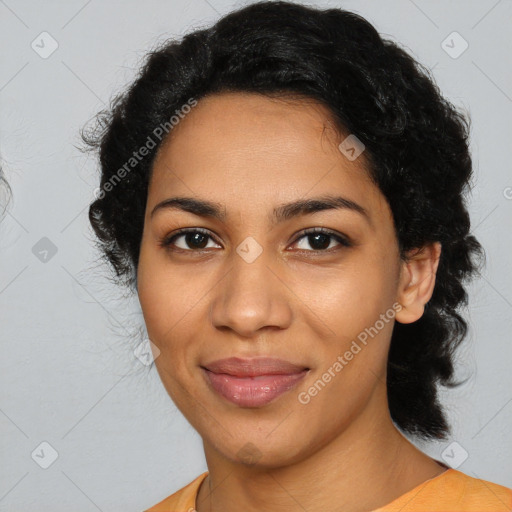 Joyful latino young-adult female with medium  black hair and brown eyes