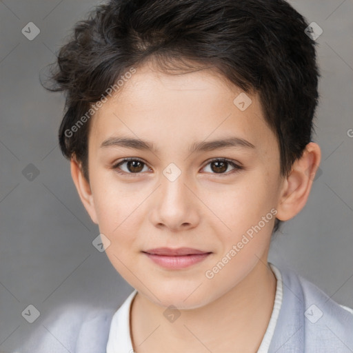 Joyful white child female with short  brown hair and brown eyes