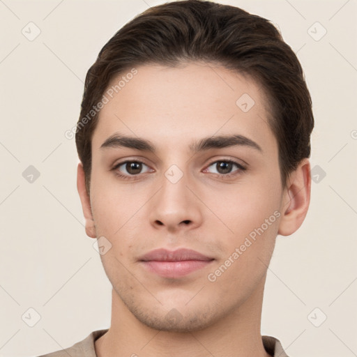 Neutral white young-adult male with short  brown hair and brown eyes