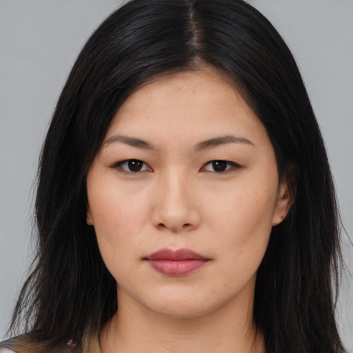 Neutral asian young-adult female with long  brown hair and brown eyes